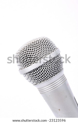 A silver colored mic, isolated on a white background.