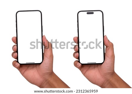Hand holding the black smart phone with blank screen and modern frameless design in two rotated perspective positions - isolated on white background - Clipping Path