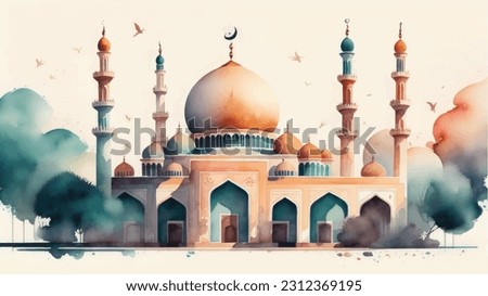 Watercolor Mosque Painting Design Mosque Illustration Design Islamic Background Hand drawn Watercolor Artwork. sketch of Mosque, Greeting card or banner for Muslim holiday, Mosque Watercolor style