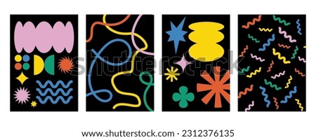 Abstract geometric posters set in trendy retro brutalist style. Swiss design aesthetic. Naive playful shapes backgrounds. Brutal contemporary figure star, circle, oval, wave patterns.

