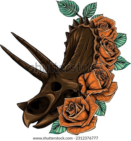 Triceratops skull drawing with rose on white background