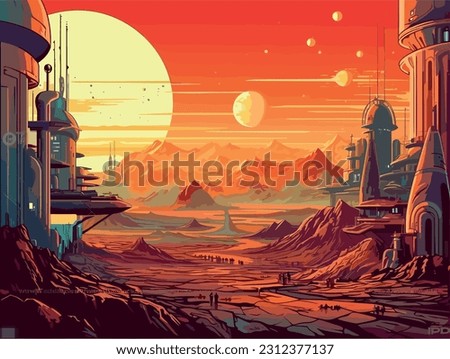 2d vector illustration sunset in futuristic city
