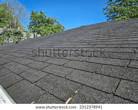 A well shingled roof with little bits of nature between the grooves. Royalty-Free Stock Photo #2312378941