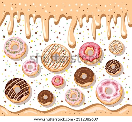 Drawing frame of drawn glazed donuts on white background. White and black chocolate, pink, dripping sweet drops. Design template for menu, greeting card, banner, invitation, holiday, birthday party