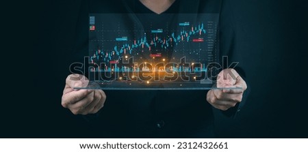 Traders, planners, and strategists working from home, stock markets, or investors Computer screen simulation of price charts, stock trading techniques and indicators, red and green candlestick charts