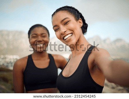 Fitness friends in selfie at beach, women face after workout together with happiness and active life outdoor. Exercise in nature, healthy and happy with female people training and smile in picture