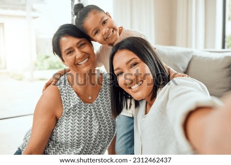 Happy family, portrait smile and selfie for social media, profile picture or online post on living room sofa at home. Grandma, mother and child smiling for photo, memory or bonding together in house