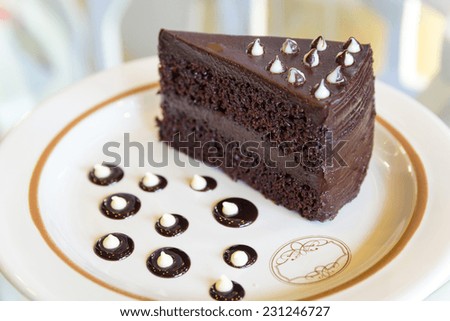 Piece of chocolate cake with chocolate drop on the dish