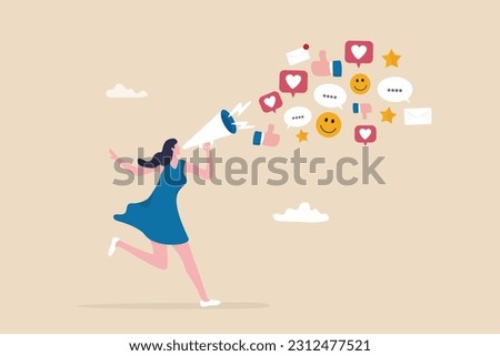 PR, public relation or marketing communication, advertising campaign or social media marketing, online promotion or email newsletter concept, young woman PR speak on megaphone on social media. Royalty-Free Stock Photo #2312477521