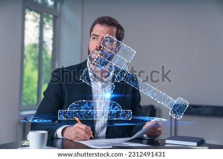 Calm businessman in formal wear signing contract at office workplace with coffee cup, laptop and notebook. Concept of successful deal, agreement, partnership, documents. Legal and law icons.