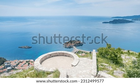 The circular look out point at St Sava Church pictured high above the island of Sveti Stefan in May 2023.