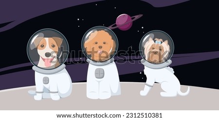 Cute dogs in spacesuits in space. Cartoon design.
 Royalty-Free Stock Photo #2312510381