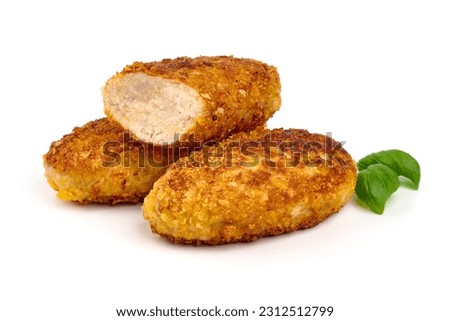Fried cutlets in bread crumbs, isolated on the white background