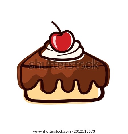 Hand drawn cake slice with cherry in brown line pastry food cartoon vector illustration isolated on white background