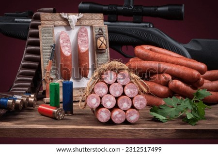Still life with meat products, vegetables, interior items and entourage in the background.