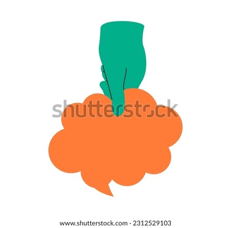 Human hand up holding speech bubble with idea comment information opinion or message. Colorful vector illustration
