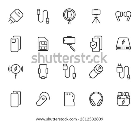 Vector set of mobile accessories line icons. Contains icons charging, case, tripod, cable, headphones, sim card, power bank, bluetooth headset and more. Pixel perfect. Royalty-Free Stock Photo #2312532809