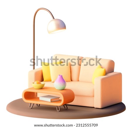Vector sofa with coffee table illustration. Modern furniture. Sofa with cushion, wooden center table and floor lamp Royalty-Free Stock Photo #2312555709