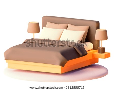 Vector bed with bedding and bedside lamps illustration. Modern furniture. Bed with blanket, pillows, lamps Royalty-Free Stock Photo #2312555715