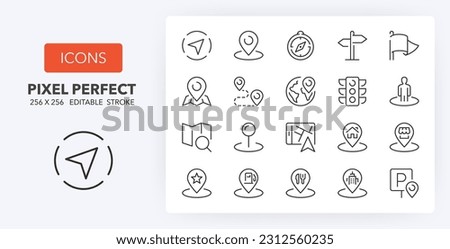 Set of thin line icons about navigation and location. Outline symbol collection 1of 2. Editable vector stroke. 256x256 Pixel Perfect scalable to 128px, 64px... Royalty-Free Stock Photo #2312560235