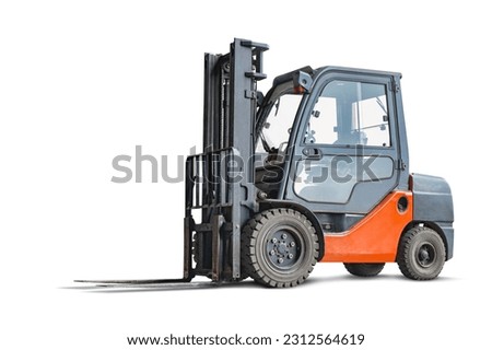 Forklift used to lift and move materials over short distances isolated on white background. Loading and moving goods in the warehouse Royalty-Free Stock Photo #2312564619
