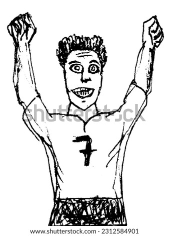 Soccer player with hands up black and white sketchy style isolated drawing