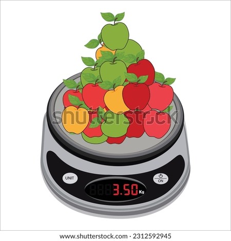 Digital weighing scale. Apples on a weighing scale, and isolated on white background. Weight machine vector illustration. Food weight kitchen illustration.
