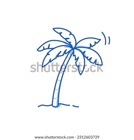 Palm tree doodle. Hand drawn sketch doodle style palm tree. Blue pen line stroke isolated element. Summer flora, jungle concept. Vector illustration.