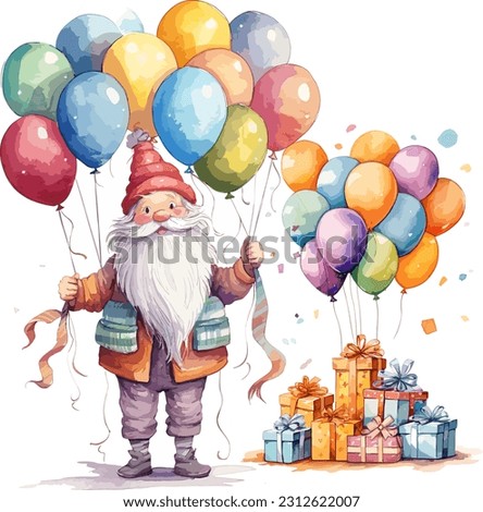 Santa Claus with big gift and balloons. watercolor vector.