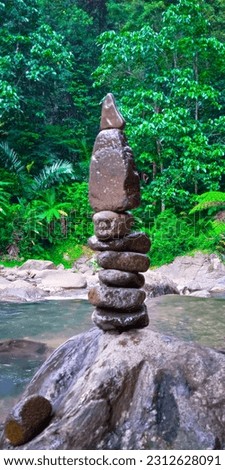 balancing a rock over a river with a view of the green forest