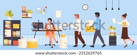 Office bureaucracy vector illustration. Cartoon employees carrying stacks and piles of paper documents for female boss sitting at table, among scattered folders of unorganized information and boxes Royalty-Free Stock Photo #2312629765