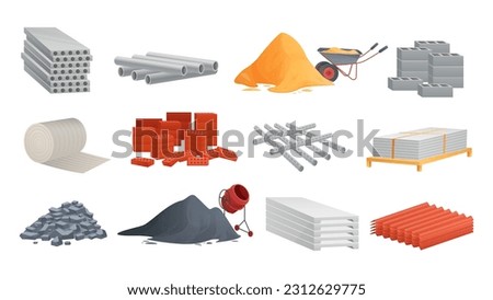 Construction materials and equipment set vector illustration. Cartoon concrete mixer with cement pile, pipe, bricks and blocks stack, stones and sand heap with wheelbarrow for building and renovation Royalty-Free Stock Photo #2312629775