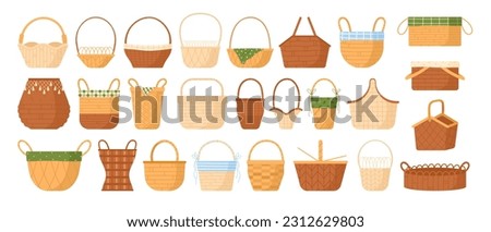 Basket set vector illustration. Cartoon isolated wooden, bamboo and straw empty basket collection with hampers of different shape, boxes for laundry storage and picnic, bags with handles for market Royalty-Free Stock Photo #2312629803