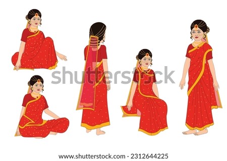 Indian Queen woman with Red saree cartoon character set , Indian Young Female Character for Cartoon , Indian queen girl character vector , Indian Woman character