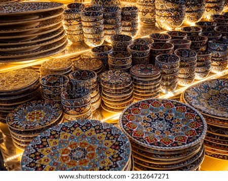 Macro Close up of Traditional ceramic pottery found in Medina and souks throughout Arab countries specifically UAE Dubai, Morocco Marrakech, Istanbul Turkey and is a good travel tourism concept pic