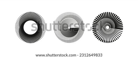 Halftone effect lines in geometric round form. Sun logo. Retro speed lines pattern. Round swirl and curve movement spiral modern symbols Royalty-Free Stock Photo #2312649833