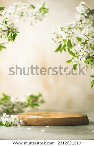 Geometric empty podium wooden platform stand for product presentation and spring flowering tree branch with white flowers on pastel beige background. Royalty-Free Stock Photo #2312651319