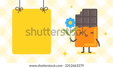 Empty banner and chocolate character holding flower. Funny character. Vector Illustration