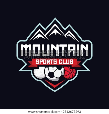 mountain sports club logo concept and sports ball illustrations, Sports club and team editable text vector template	

