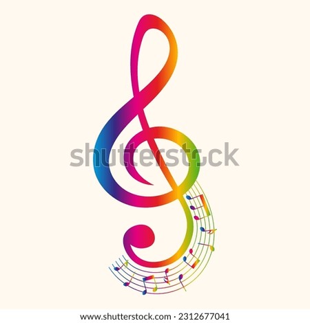 Colorful music notes, treble clef, musical symbols vector illustration.