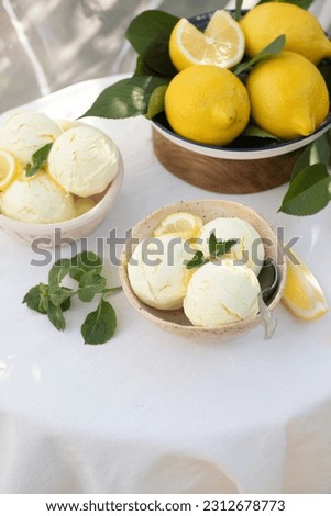 Lemon Ice Cream in bowl. Homemade citrus lemon ice cream with mint close up.