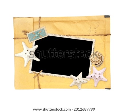 Vintage element for scrapbooking. Old photo, starfish, cockshell and retro envelope. Object isolated on white background. Mock up template. Copy space for text. Happy memories of vacation and holidays