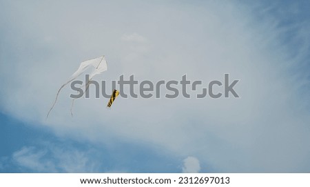 Kites hovering in the sky with clouds, idea for a banner with copy space. High quality photo for banner