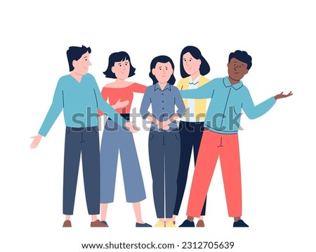 Friends together in grief, consoled and support sad friend. Empathy and mental help, young adults group helping disappointed man. Recent vector scene
