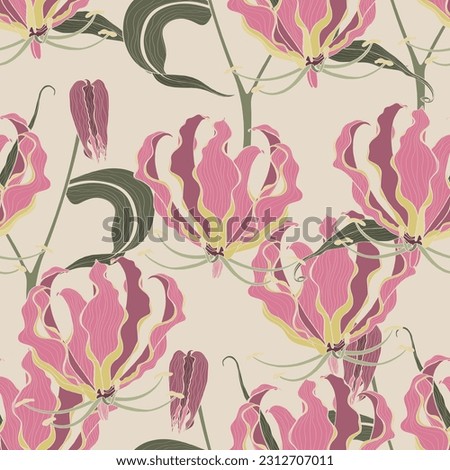 Tropical Leaves and Floral Background - Pink Fire Lily tropical Flowers - Seamless Pattern. Cosmetic, perfumery and medical plant.