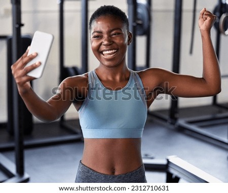Gym, flexing or happy girl taking selfie on workout, exercise or training break on social media for results. Proud influencer, strong or black woman smiling for pictures or online fitness content