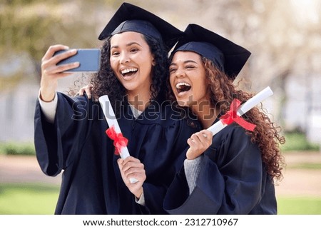 Graduation, photo and students celebrating academic achievement or graduates together with joy on happy day and outdoors. Friends, certificate and success for degree or excitement and campus picture