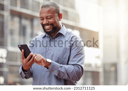 Phone, text message a senior business black man in the city, typing an email while commuting to work. Mobile, contact and social media with a happy mature male employee networking in an urban town