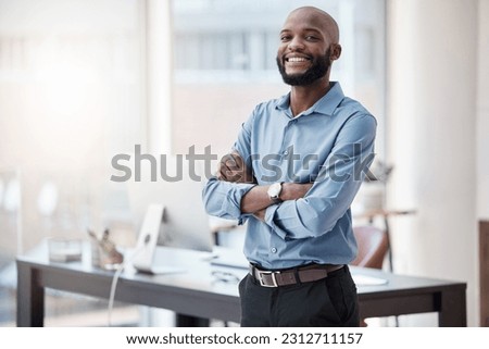 Black man in business, arms crossed and smile in portrait with confidence, mockup space and professional mindset. Career mission, ambition and empowered happy male employee in corporate workplace Royalty-Free Stock Photo #2312711157