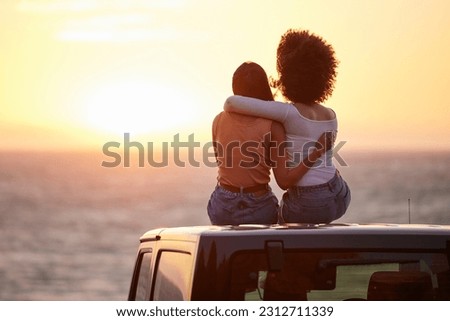 Love, gay and sunset with lesbian couple on car beach for relax, romance and sky mockup space. Lgbtq, freedom and pride with women hugging on nature date for partner, trust and summer vacation Royalty-Free Stock Photo #2312711339
